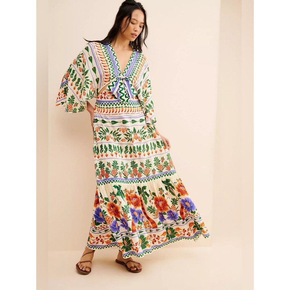 FARM Rio for Anthropologie Printed V-Neck Kaftan Maxi Cut-Out Dress Size Small